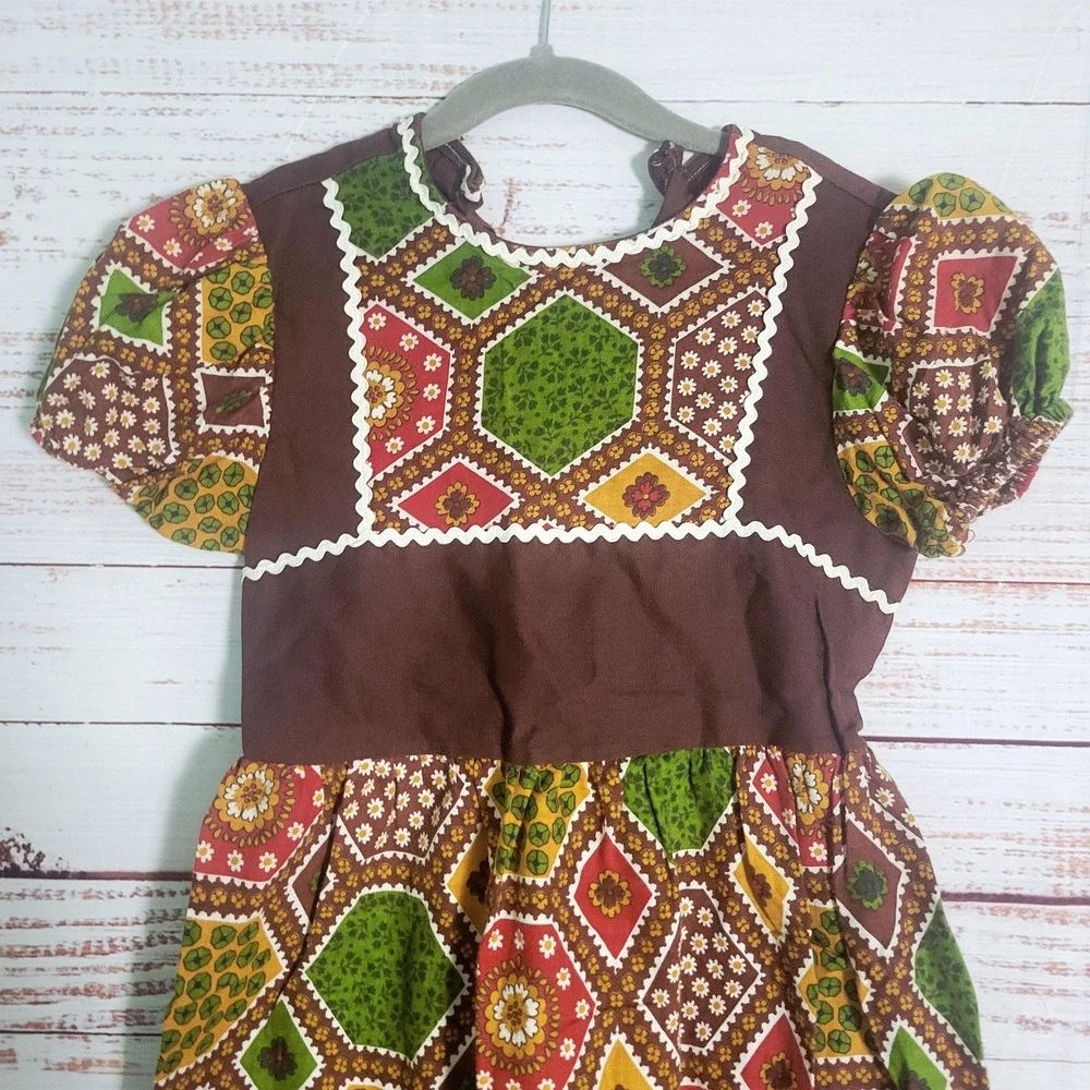 Vintage Girls Patchwork Peasant Dress (Unfinished) 1960s/70s Brown Green Calico